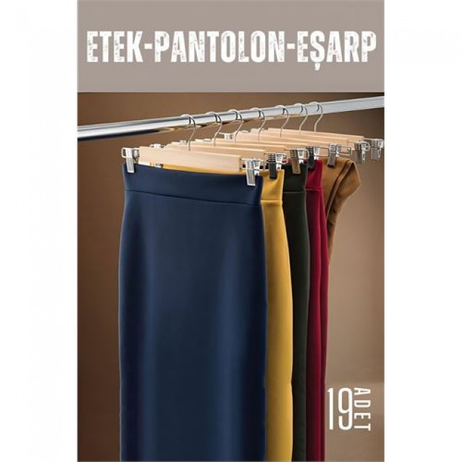 Renkmix Etek Pantolon Eşarp Kıskaçlı Askı 19 Adet Ahşap 720643