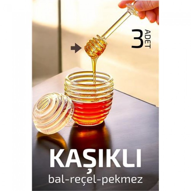 Renkmix Kaşıklı Kristal Bal Kavanozu Reçel Pekmez Sos Kavanozu 3 Adet