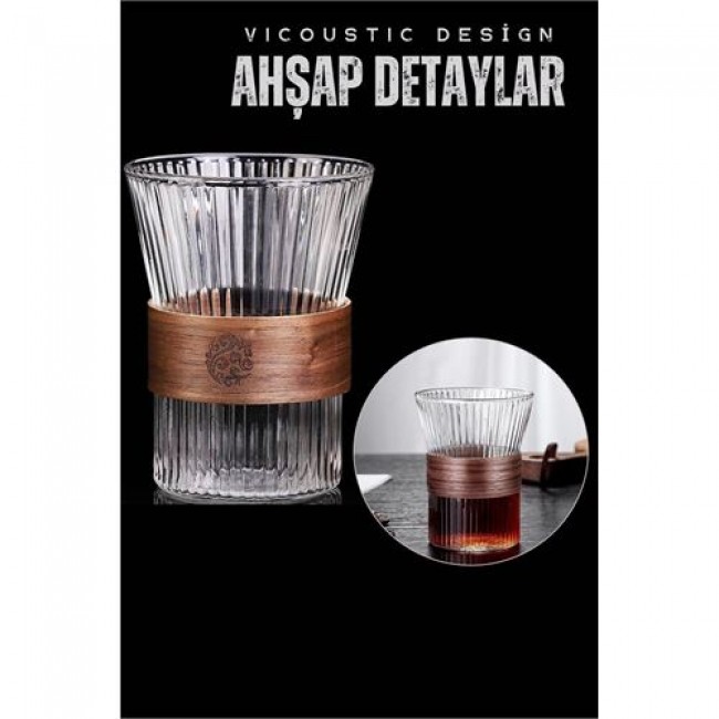 Renkmix 4 Adet Ahşap Detaylı Bardak Vicoustic Design 718279 Toptan Paket