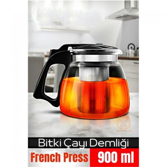 Renkmix  Süzgeçli French Press Cam Demlik 900 Ml Bitki çayı Demliği