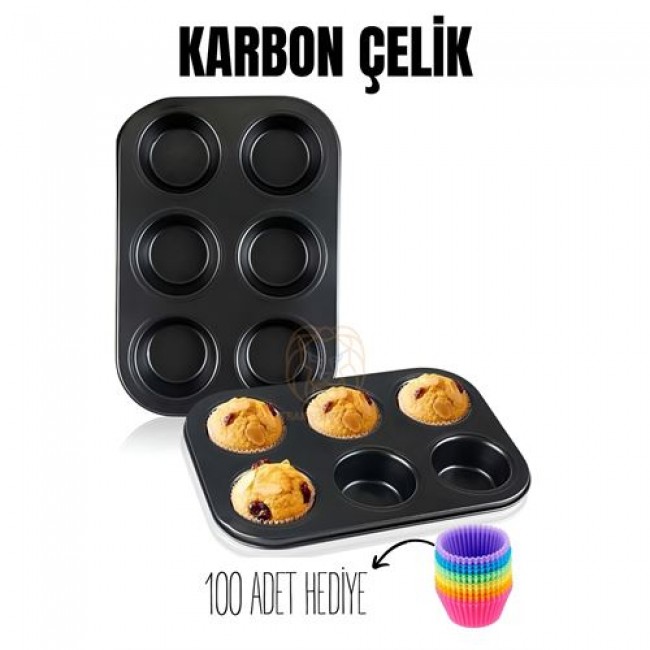 6 Lı Muffin Kalıbı Teflon çelik  100 Muffin Kağıtlı