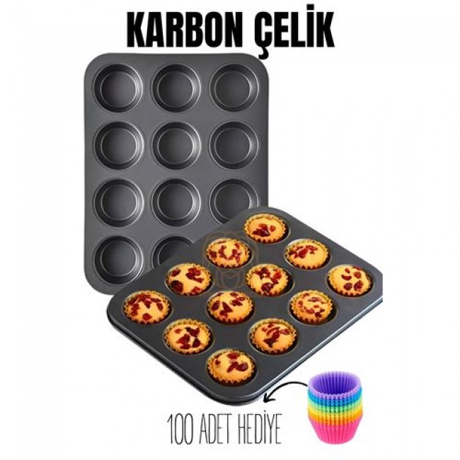 12 Li Muffin Kalıbı Teflon çelik 100 Muffin Kağıtlı