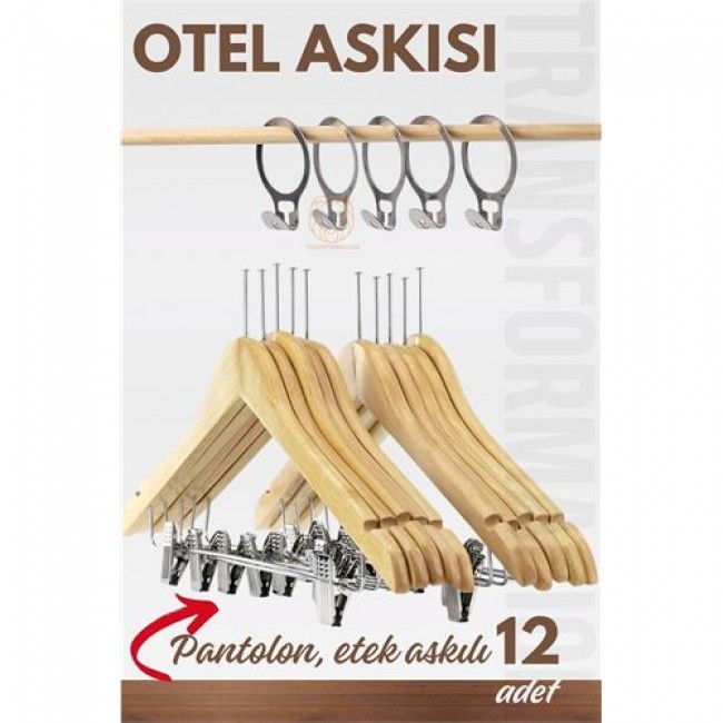 Otel Askısı Güvenlikli Otel Tip Askı 12 Li Set Ahşap